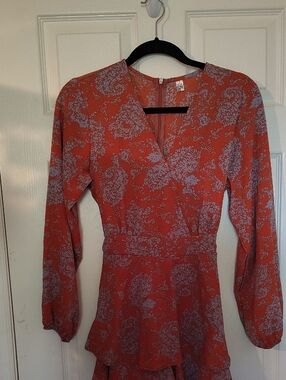 Floral Rust Long-Sleeve Tiered Short Jumpsuit